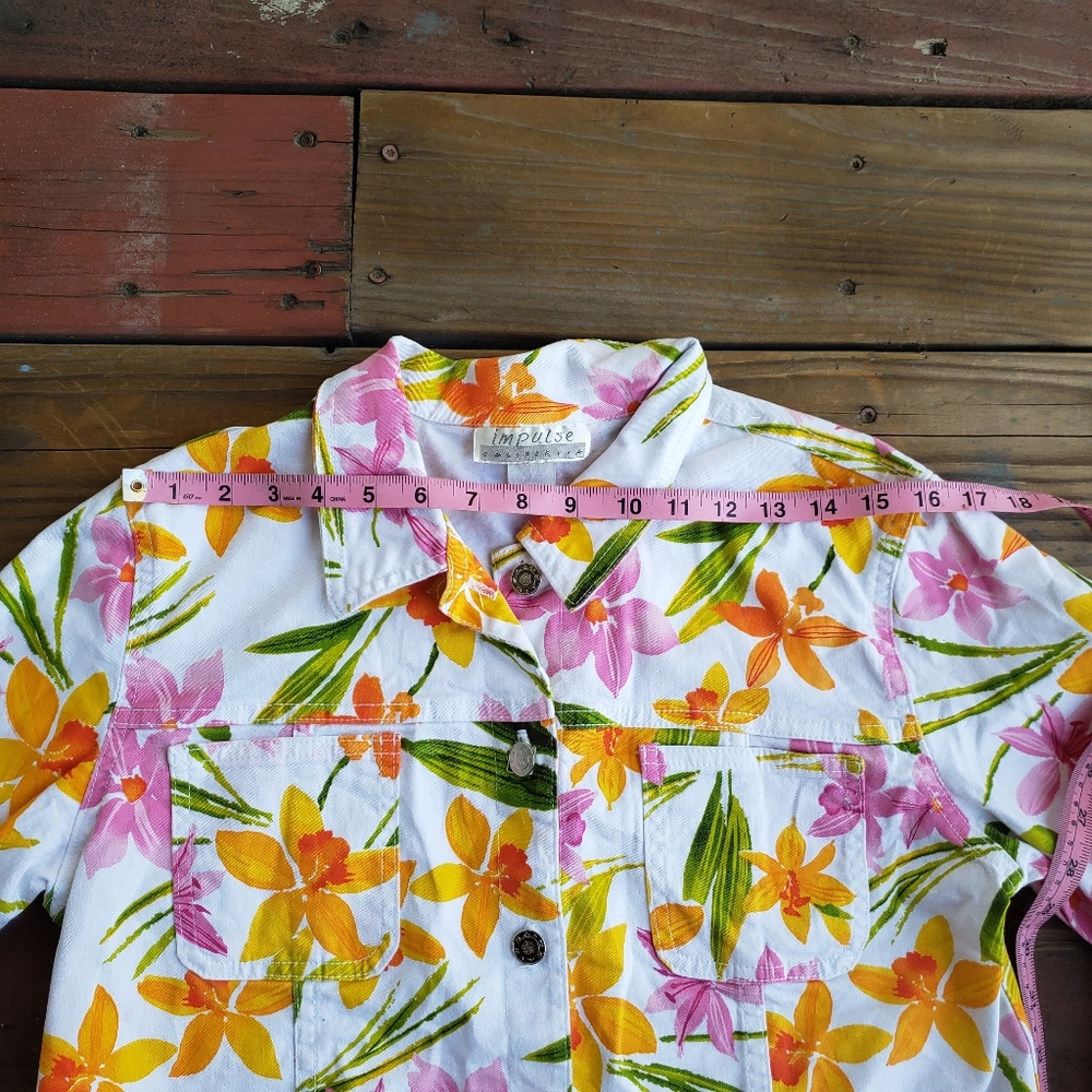 Vintage White Pink Orange Tropical Floral Jean Jacket Half Sleeves - Picture 9 of 14